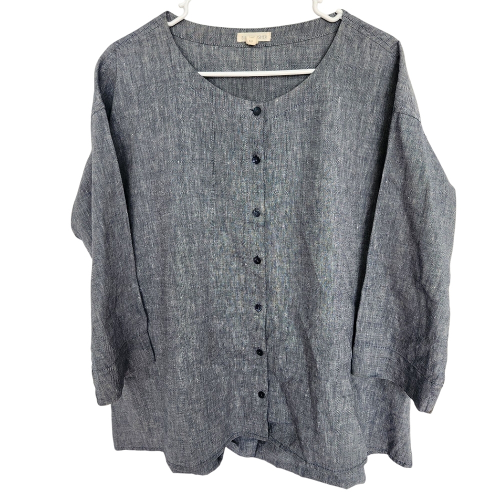 Eileen Fisher Linen Cotton Blend Button Down Shirt Grey S Beach Minimalist